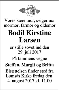 Dødsannoncen for Bodil Kirstine Larsen - Højby