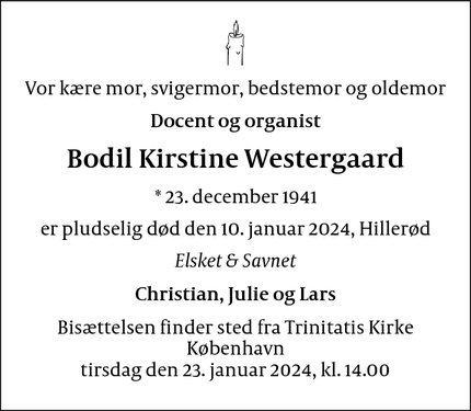 Dødsannoncen for Bodil Kirstine Westergaard - Hillerød
