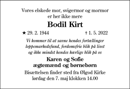 Dødsannoncen for Bodil Kirt - Ølgod