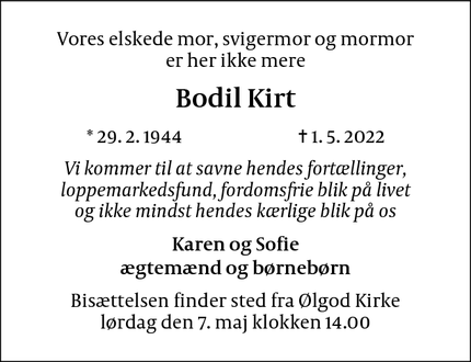 Dødsannoncen for Bodil Kirt - Ølgod