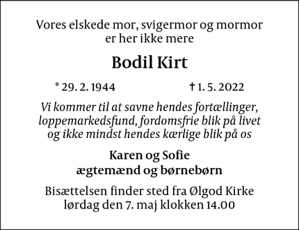 Dødsannoncen for Bodil Kirt - Ølgod