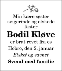 Dødsannoncen for Bodil Kløve - Hobro