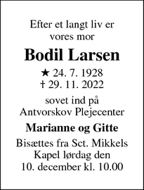 Dødsannoncen for Bodil Larsen - Slagelse