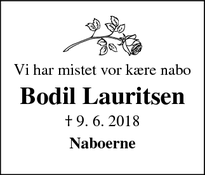 Dødsannoncen for Bodil Lauritsen - Ikast