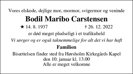 Dødsannoncen for Bodil Maribo Carstensen - Hørsholm