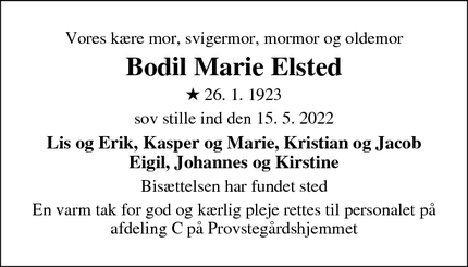 Dødsannoncen for Bodil Marie Elsted - Odense