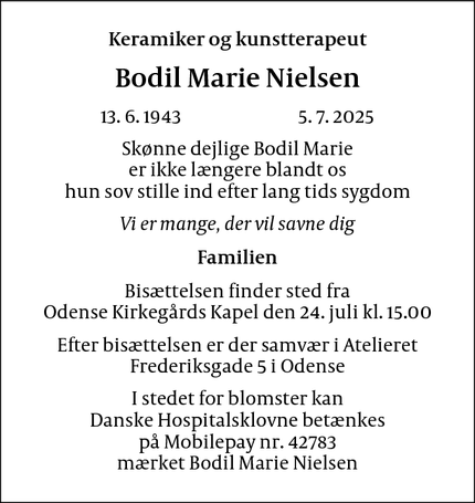 Dødsannoncen for Bodil Marie Nielsen - Odense