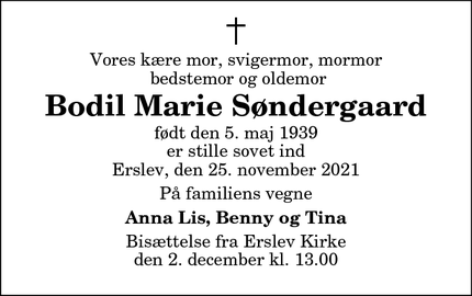 Dødsannoncen for Bodil Marie Søndergaard - Erslev