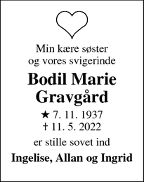 Dødsannoncen for Bodil Marie
Gravgård - Struer
