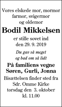 Dødsannoncen for Bodil Mikkelsen - Sdr. Omme