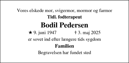 Dødsannoncen for Bodil Pedersen - 5800 Nyborg
