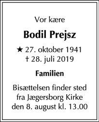 Dødsannoncen for Bodil Prejsz - Fredensborg