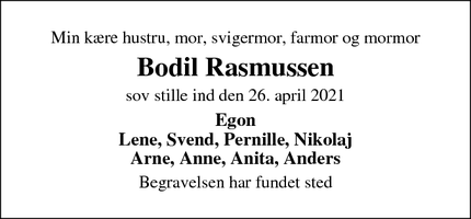 Dødsannoncen for Bodil Rasmussen - Gevnonge
