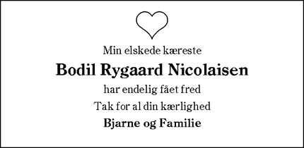Dødsannoncen for Bodil Rygaard Nicolaisen - Agerbæk