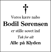 Dødsannoncen for Bodil Sørensen - Tønder