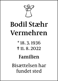 Dødsannoncen for Bodil Stæhr
Vermehren - Ollerup