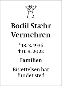 Dødsannoncen for Bodil Stæhr
Vermehren - Ollerup