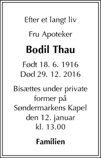 Dødsannoncen for Bodil Thau - Frederiksberg