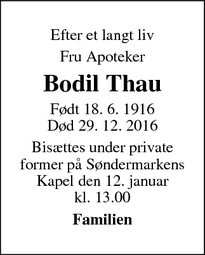 Dødsannoncen for Bodil Thau - Frederiksberg