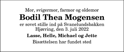 Dødsannoncen for Bodil Thea Mogensen - Tversted