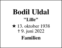 Dødsannoncen for Bodil Uldal - Roskilde