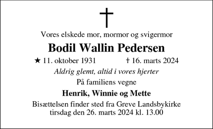 Dødsannoncen for Bodil Wallin Pedersen - Greve