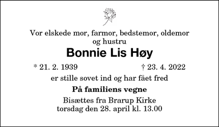 Dødsannoncen for Bonnie Lis Høy - Nr. Alslev