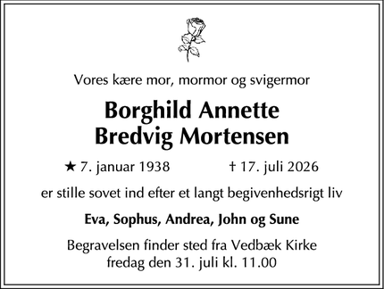 Dødsannoncen for Borghild Annette
Bredvig Mortensen - Birkerød