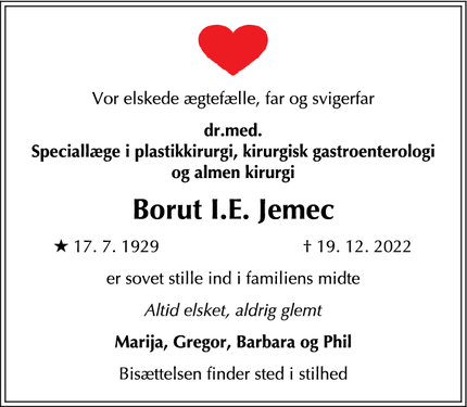 Dødsannoncen for Borut I.E. Jemec - Charlottenlund