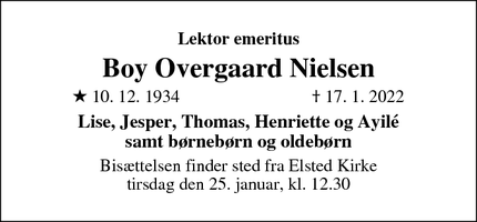 Dødsannoncen for Boy Overgaard Nielsen - Lystrup