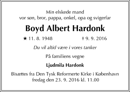 Dødsannoncen for Boyd Albert Hardonk - Albertslund