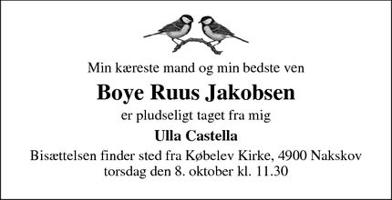 Dødsannoncen for Boye Ruus Jakobsen - 4983 Dannemare 