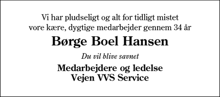 Dødsannoncen for Børge Boel Hansen - Gørding