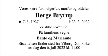 Dødsannoncen for Børge Bryrup - Viborg