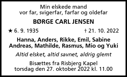 Dødsannoncen for BØrge Carl Jensen - hvidovre