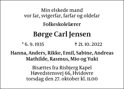 Dødsannoncen for Børge Carl Jensen - hvidovre