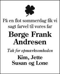 Dødsannoncen for Børge Frank
Andresen - Broager