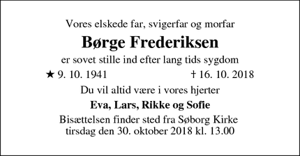 Dødsannoncen for Børge Frederiksen - Søborg