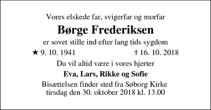 Dødsannoncen for Børge Frederiksen - Søborg