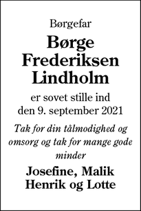 Dødsannoncen for Børge Frederiksen
Lindholm - Augustenborg 