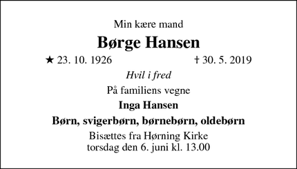 Dødsannoncen for Børge Hansen - Aarhus