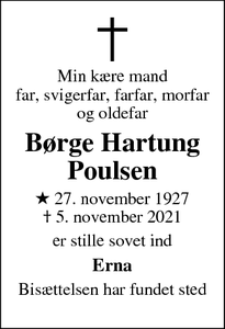 Dødsannoncen for Børge Hartung
Poulsen - Helsinge