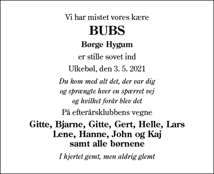 Dødsannoncen for BUBS - Ringe