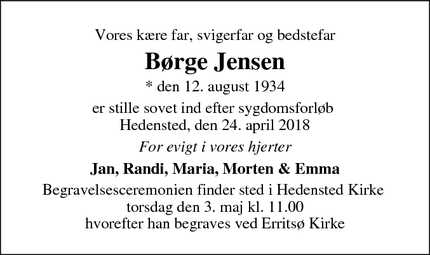 Dødsannoncen for Børge Jensen - Hedensted