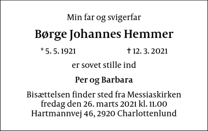 Dødsannoncen for Børge Johannes Hemmer - Skamby