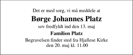 Dødsannoncen for Børge Johannes Platz - Odense s
