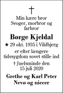 Dødsannoncen for Børge Kjeldal - Juelsminde