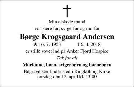 Dødsannoncen for Børge Krogsgaard Andersen - Ringkøbing