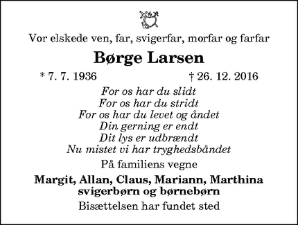 Dødsannoncen for Børge Larsen - Øster Hurup