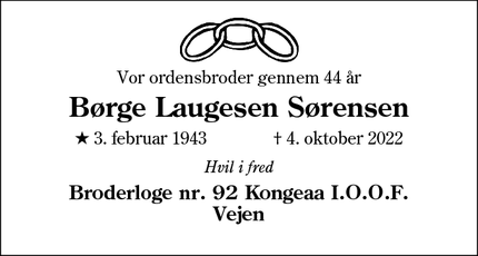 Dødsannoncen for Børge Laugesen Sørensen - Vejen